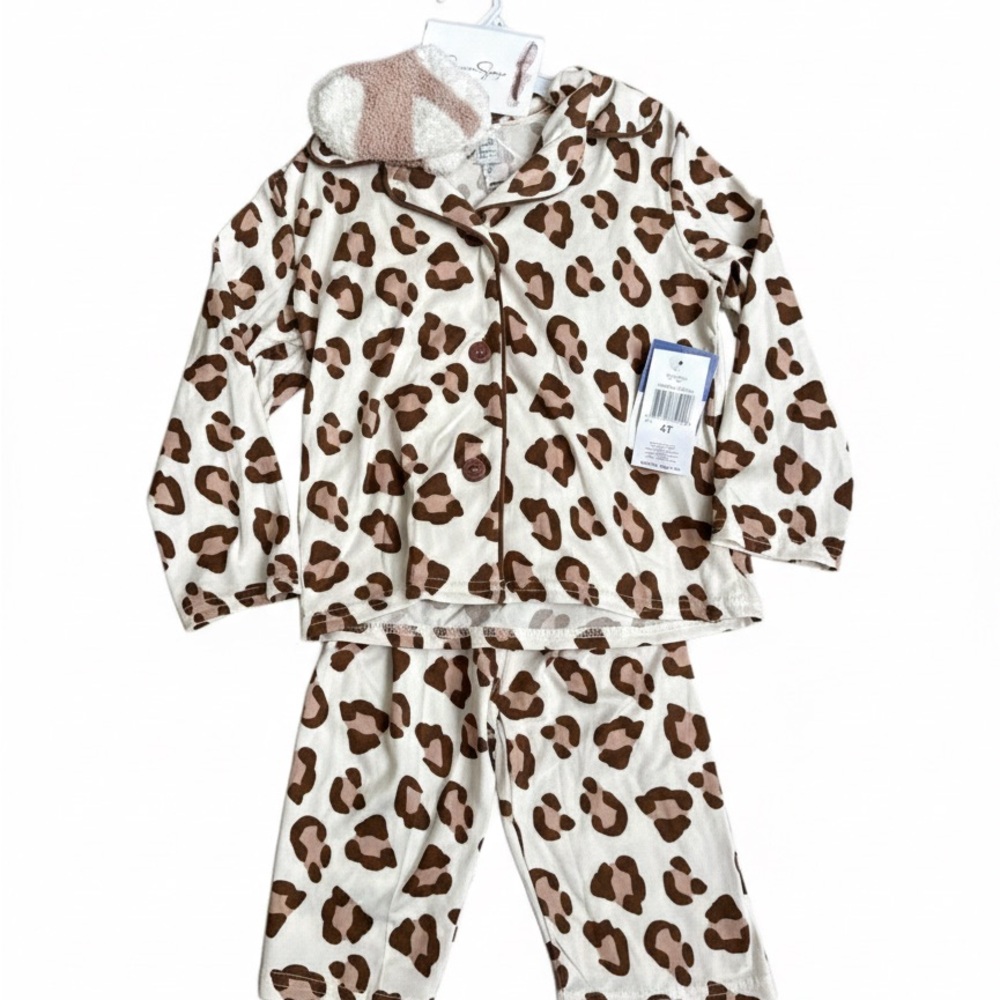 NWT Jessica Simpson Girls 4T Pajama Set 3pc Leopard Print Button Front & Socks